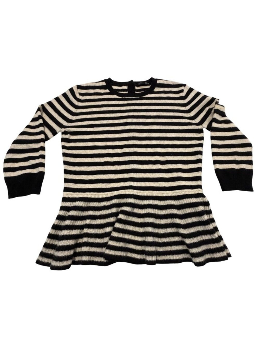 Aqua Cashmere Striped Peplum Sweater Black & White Women’s Medium Button Back 10